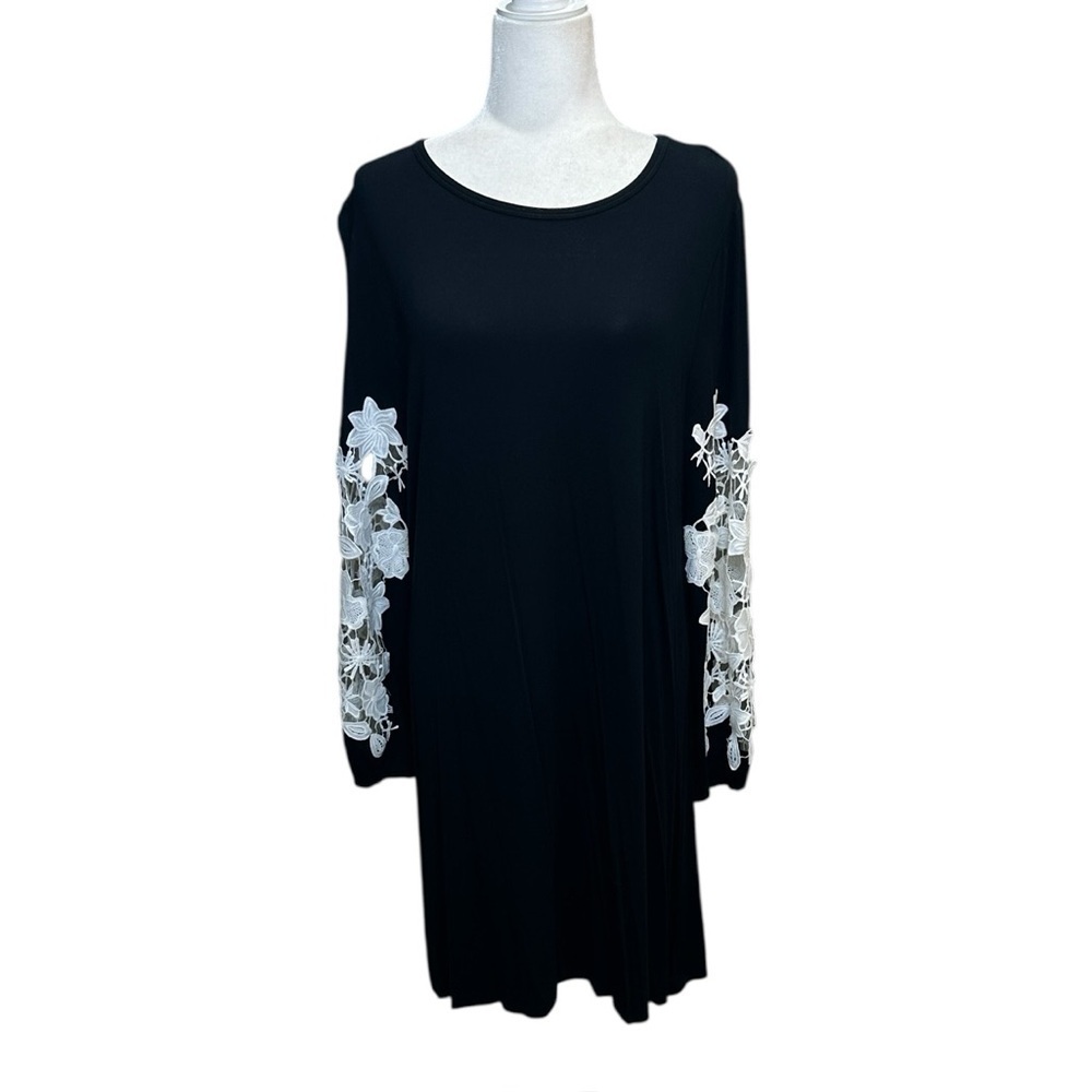 Design History Black Dress with White Floral Lace Accents on Sleeves